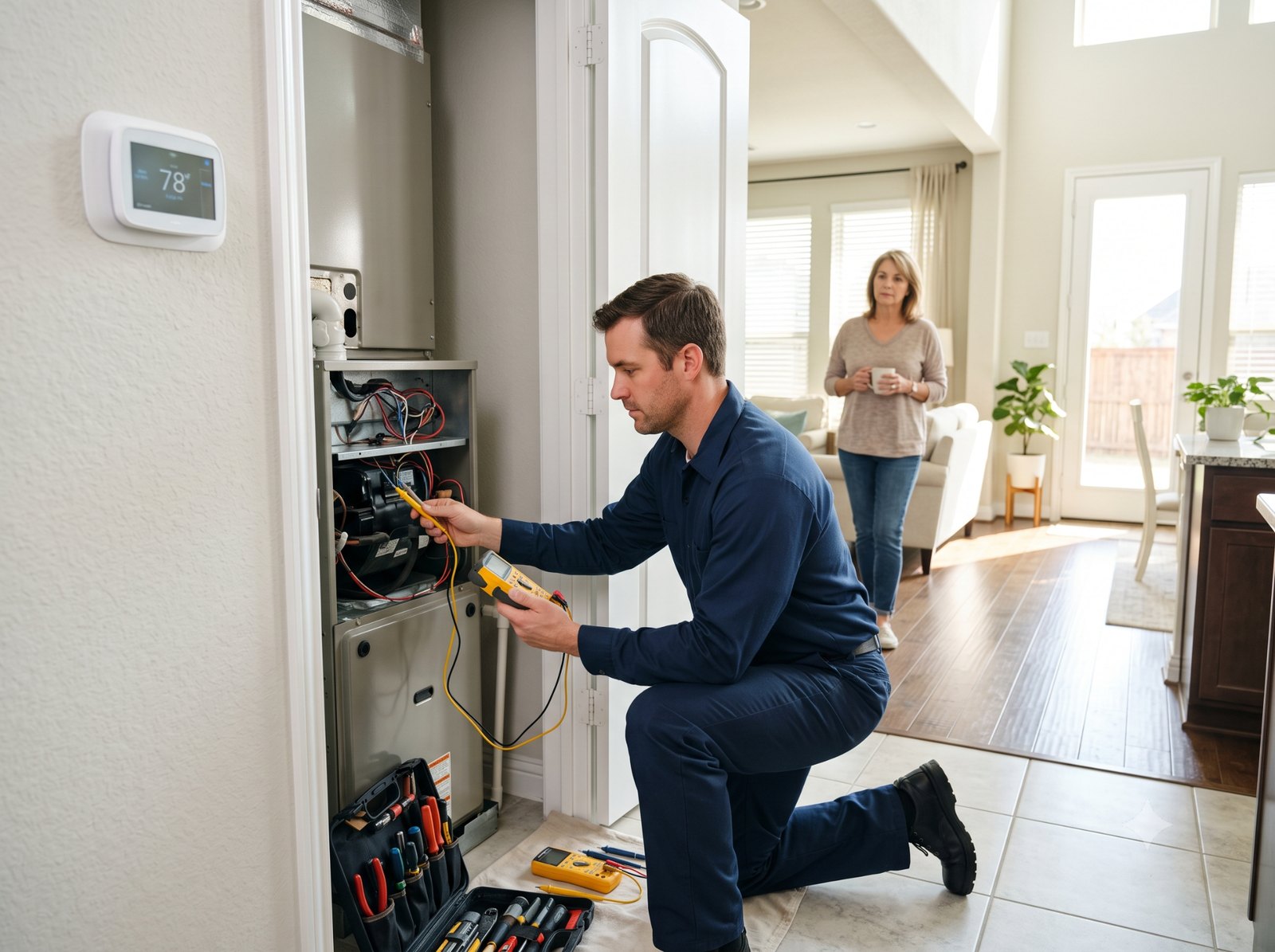 HVAC technician servicing an indoor air handler in a Haines City home
